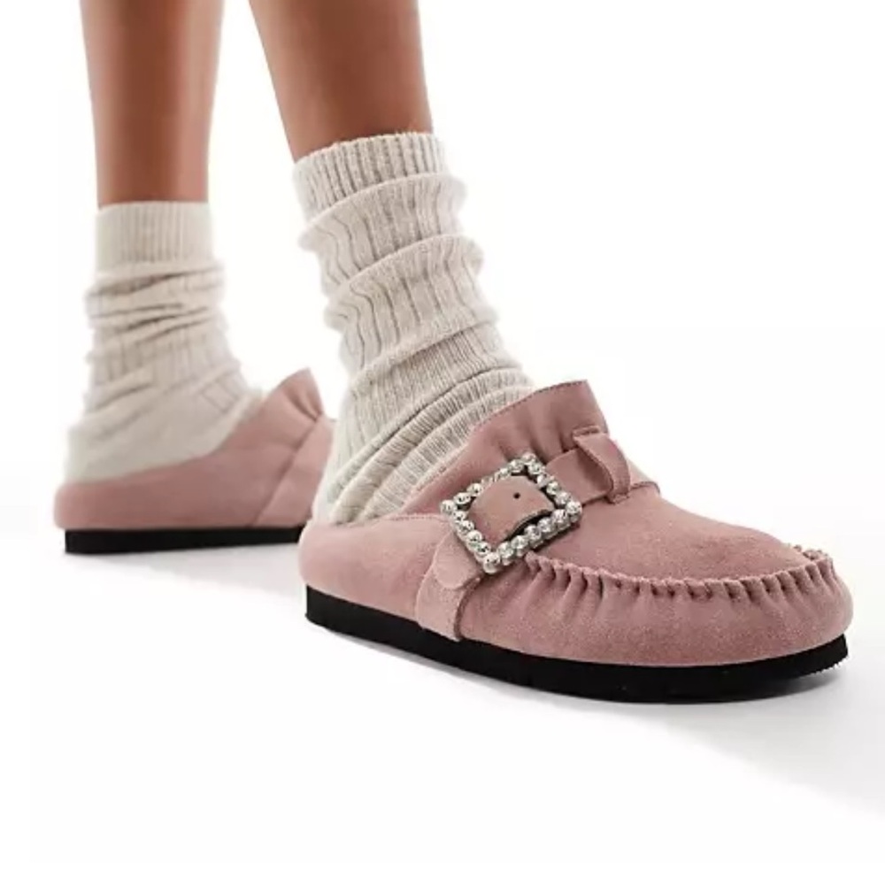 Free People Shearling After Riding Mule Slip On Pink Rhinestone Buckle Size 7